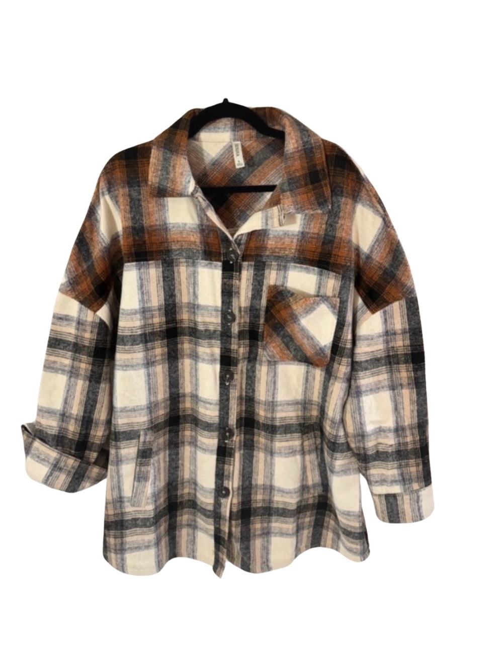 Zenana Plaid Shacket Women’s Large Cream Black Brown Oversized Button Front